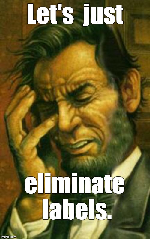 For the love of Lincoln and everyone else, eh?  Labels preserve Tyranny. | Let's  just; eliminate labels. | image tagged in face palm lincoln,labels preserve tyranny,eliminate labels,equality,equal rights,douglie | made w/ Imgflip meme maker