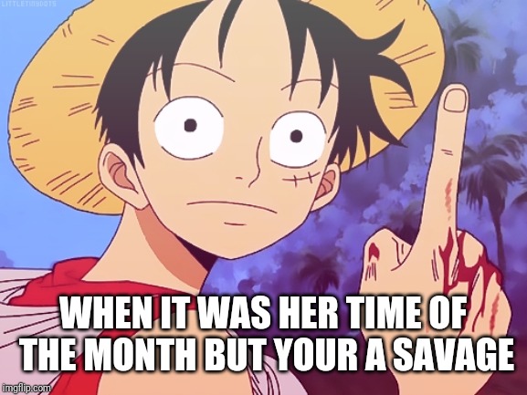 One Piece pointing | WHEN IT WAS HER TIME OF THE MONTH BUT YOUR A SAVAGE | image tagged in one piece pointing | made w/ Imgflip meme maker