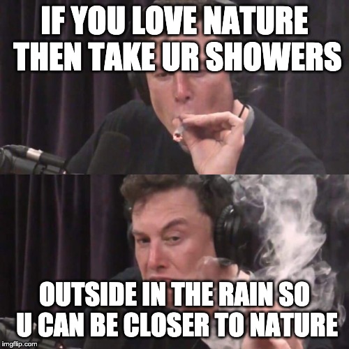 Elon Musk Weed | IF YOU LOVE NATURE THEN TAKE UR SHOWERS; OUTSIDE IN THE RAIN SO U CAN BE CLOSER TO NATURE | image tagged in elon musk weed | made w/ Imgflip meme maker
