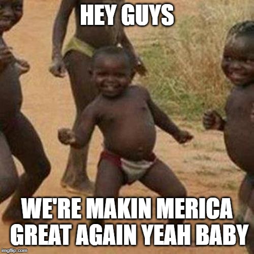 Third World Success Kid Meme | HEY GUYS; WE'RE MAKIN MERICA GREAT AGAIN YEAH BABY | image tagged in memes,third world success kid | made w/ Imgflip meme maker