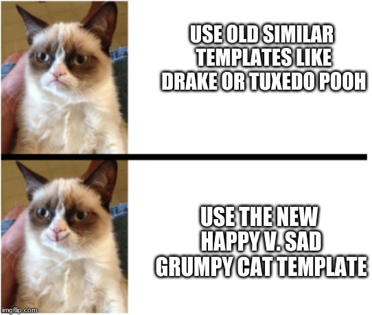 Happy v. Grumpy cat (New Template!) |  USE OLD SIMILAR TEMPLATES LIKE DRAKE OR TUXEDO POOH; USE THE NEW HAPPY V. SAD GRUMPY CAT TEMPLATE | image tagged in happy grumpy cat,custom template,funny,memes,grumpy cat,happy cat | made w/ Imgflip meme maker