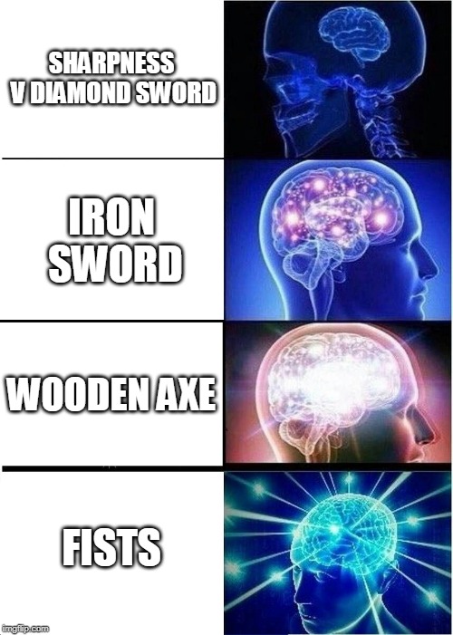 Expanding Brain | SHARPNESS V DIAMOND SWORD; IRON SWORD; WOODEN AXE; FISTS | image tagged in memes,expanding brain | made w/ Imgflip meme maker