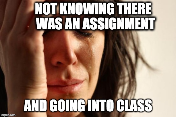 First World Problems | NOT KNOWING THERE      WAS AN ASSIGNMENT; AND GOING INTO CLASS | image tagged in memes,first world problems | made w/ Imgflip meme maker