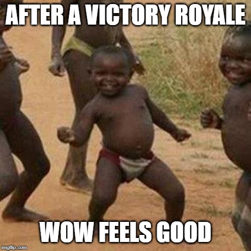 Third World Success Kid | AFTER A VICTORY ROYALE; WOW FEELS GOOD | image tagged in memes,third world success kid | made w/ Imgflip meme maker