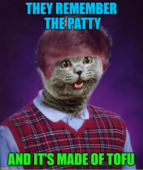 I haz Bad Luck | THEY REMEMBER THE PATTY AND IT'S MADE OF TOFU | image tagged in i haz bad luck | made w/ Imgflip meme maker