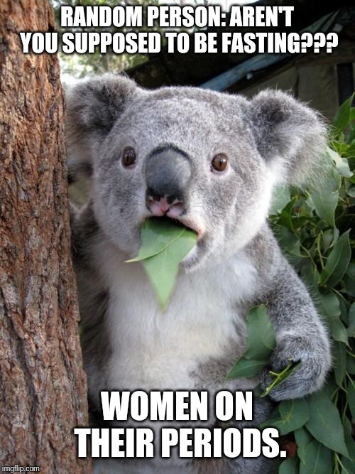 Surprised Koala | RANDOM PERSON: AREN'T YOU SUPPOSED TO BE FASTING??? WOMEN ON THEIR PERIODS. | image tagged in memes,surprised koala | made w/ Imgflip meme maker