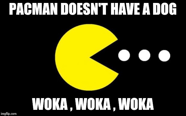 Pacman | PACMAN DOESN'T HAVE A DOG WOKA , WOKA , WOKA | image tagged in pacman | made w/ Imgflip meme maker