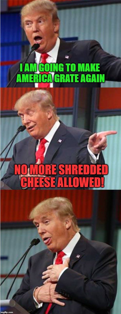 My own spin on this one liner! | I AM GOING TO MAKE AMERICA GRATE AGAIN; NO MORE SHREDDED CHEESE ALLOWED! | image tagged in bad pun trump,nixieknox,memes,maga | made w/ Imgflip meme maker