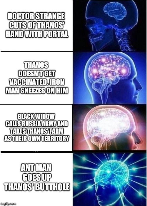 Expanding Brain Meme | DOCTOR STRANGE CUTS OF THANOS' HAND WITH PORTAL; THANOS DOESN'T GET VACCINATED. IRON MAN SNEEZES ON HIM; BLACK WIDOW CALLS RUSSIA ARMY AND TAKES THANOS' FARM AS THEIR OWN TERRITORY; ANT MAN GOES UP THANOS' BUTTHOLE | image tagged in memes,expanding brain | made w/ Imgflip meme maker