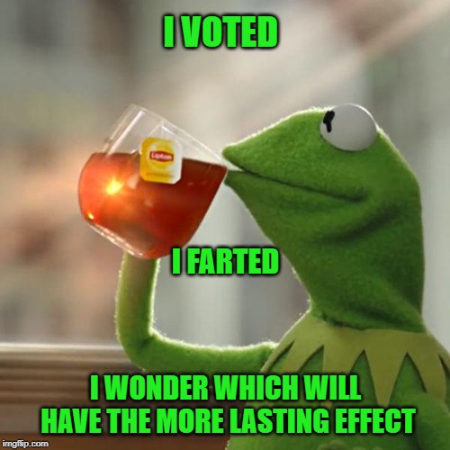 Could Be A Toss-Up | I VOTED; I FARTED; I WONDER WHICH WILL HAVE THE MORE LASTING EFFECT | image tagged in memes,but thats none of my business,kermit the frog,voting,passing gas | made w/ Imgflip meme maker