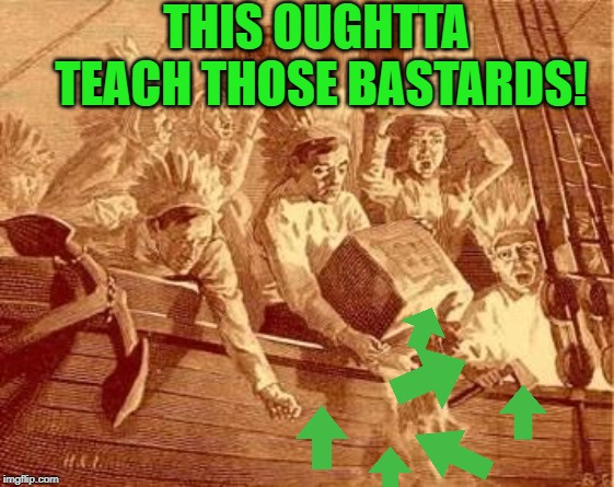 Boston tea party | THIS OUGHTTA TEACH THOSE BASTARDS! | image tagged in boston tea party | made w/ Imgflip meme maker