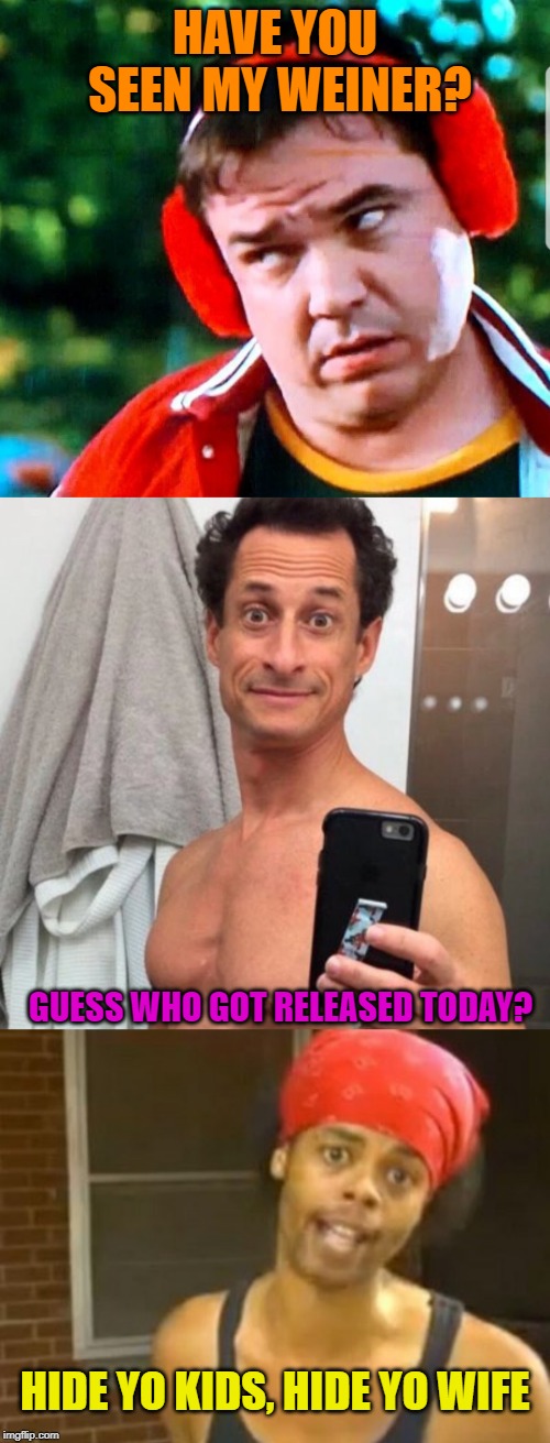Operation: Set Weiner Free, is in Motion | HAVE YOU SEEN MY WEINER? GUESS WHO GOT RELEASED TODAY? HIDE YO KIDS, HIDE YO WIFE | image tagged in memes,hide yo kids hide yo wife,anthony weiner,have you seen my weiner,politics,funny memes | made w/ Imgflip meme maker