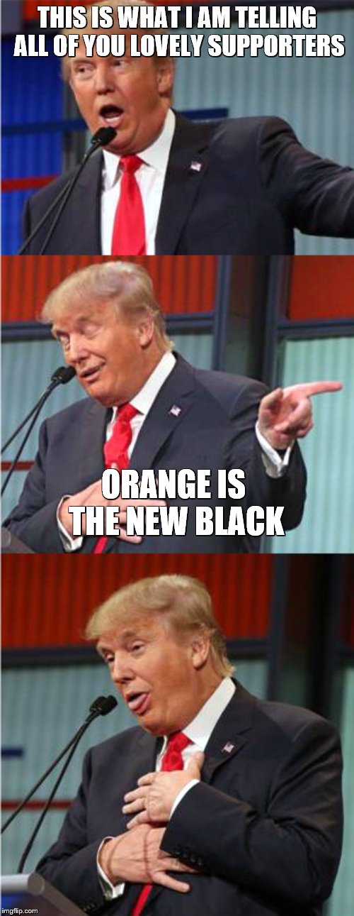 Bad Pun Trump | THIS IS WHAT I AM TELLING ALL OF YOU LOVELY SUPPORTERS; ORANGE IS THE NEW BLACK | image tagged in bad pun trump,orange is the new black,trump supporters | made w/ Imgflip meme maker
