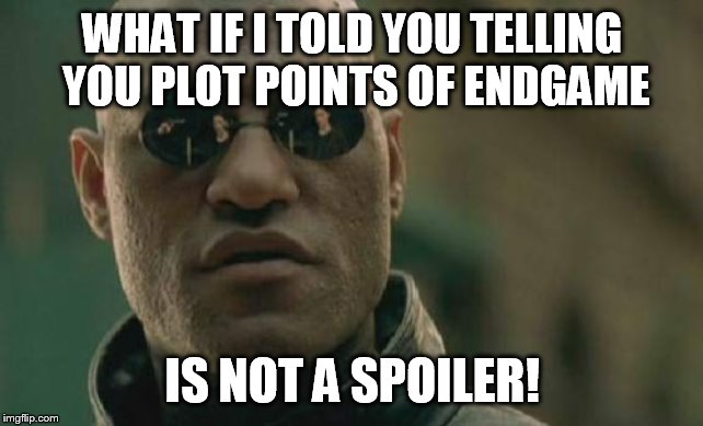 Matrix Morpheus Meme | WHAT IF I TOLD YOU TELLING YOU PLOT POINTS OF ENDGAME; IS NOT A SPOILER! | image tagged in memes,matrix morpheus | made w/ Imgflip meme maker