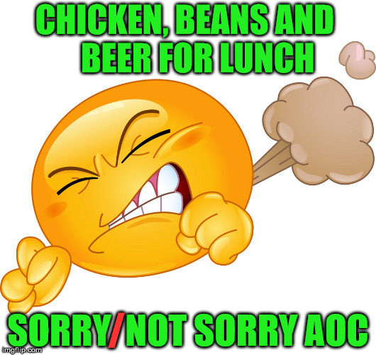 Environmental Hazard | CHICKEN, BEANS AND        BEER FOR LUNCH; SORRY  NOT SORRY AOC; / | image tagged in fart,memes,sorry not sorry,alexandria ocasio-cortez,climate change,environmental | made w/ Imgflip meme maker