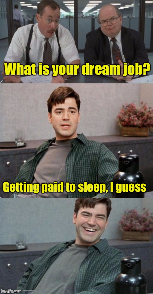 Dream Job | What is your dream job? Getting paid to sleep, I guess | image tagged in office space interview,dream,job interview | made w/ Imgflip meme maker