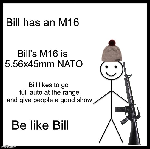 Be Like Bill Meme | Bill has an M16; Bill’s M16 is 5.56x45mm NATO; Bill likes to go full auto at the range and give people a good show; Be like Bill | image tagged in memes,be like bill | made w/ Imgflip meme maker