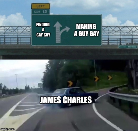 Left Exit 12 Off Ramp Meme | FINDING A GAY GUY; MAKING A GUY GAY; JAMES CHARLES | image tagged in memes,left exit 12 off ramp | made w/ Imgflip meme maker