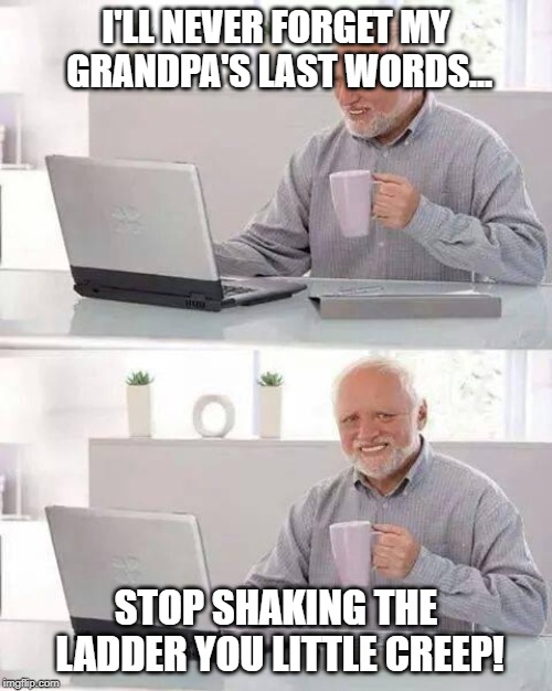 Hide the Pain Harold Meme | I'LL NEVER FORGET MY GRANDPA'S LAST WORDS... STOP SHAKING THE LADDER YOU LITTLE CREEP! | image tagged in memes,hide the pain harold | made w/ Imgflip meme maker