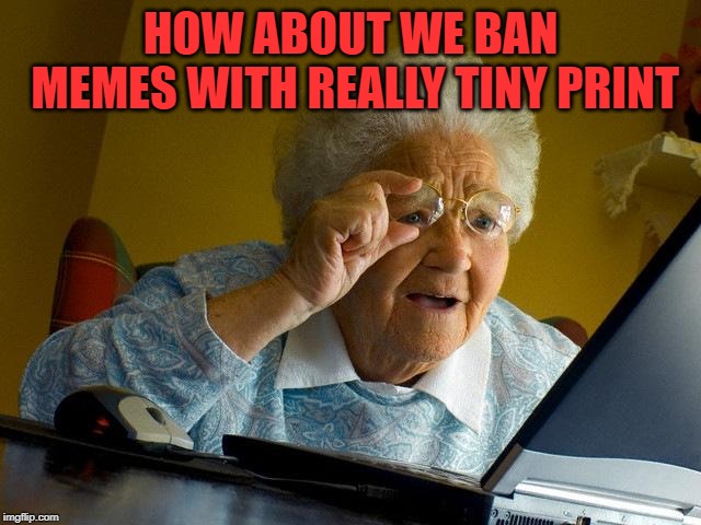Grandma Finds The Internet Meme | HOW ABOUT WE BAN MEMES WITH REALLY TINY PRINT | image tagged in memes,grandma finds the internet | made w/ Imgflip meme maker