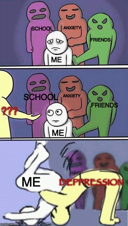 Stress | SCHOOL; ANXIETY; FRIENDS; ME; SCHOOL; ANXIETY; FRIENDS; ??? ME; ME; DEPPRESSION | image tagged in stress | made w/ Imgflip meme maker