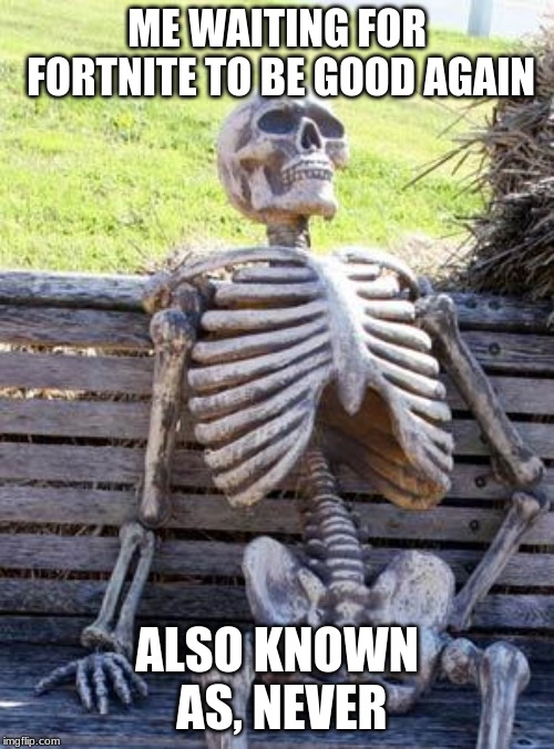 Waiting Skeleton Meme | ME WAITING FOR FORTNITE TO BE GOOD AGAIN; ALSO KNOWN AS, NEVER | image tagged in memes,waiting skeleton | made w/ Imgflip meme maker