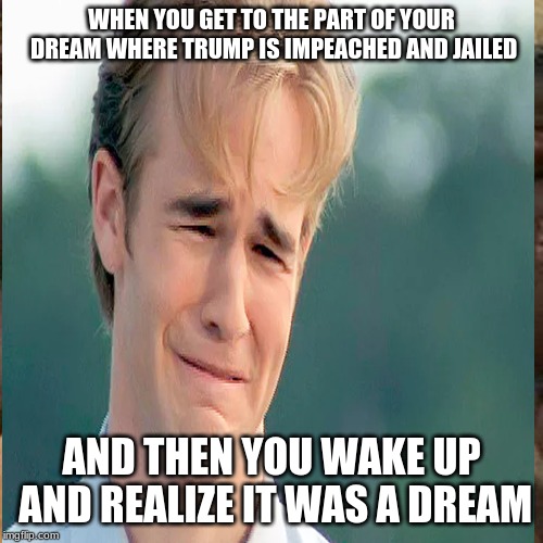 When it was just a dream | WHEN YOU GET TO THE PART OF YOUR DREAM WHERE TRUMP IS IMPEACHED AND JAILED; AND THEN YOU WAKE UP AND REALIZE IT WAS A DREAM | image tagged in politics lol | made w/ Imgflip meme maker