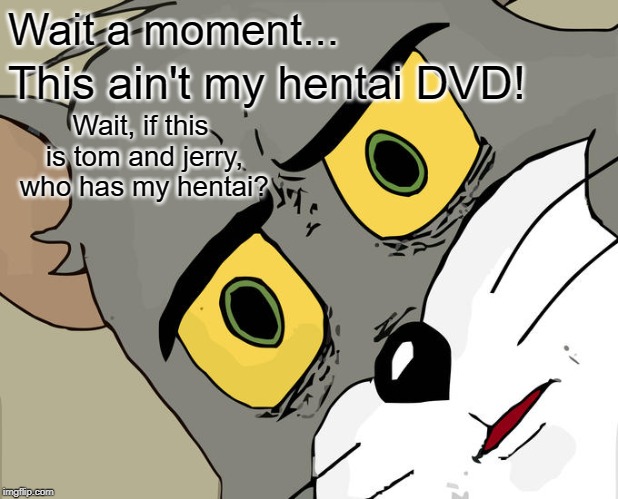 Unsettled Tom Meme | Wait a moment... This ain't my hentai DVD! Wait, if this is tom and jerry, who has my hentai? | image tagged in memes,unsettled tom | made w/ Imgflip meme maker