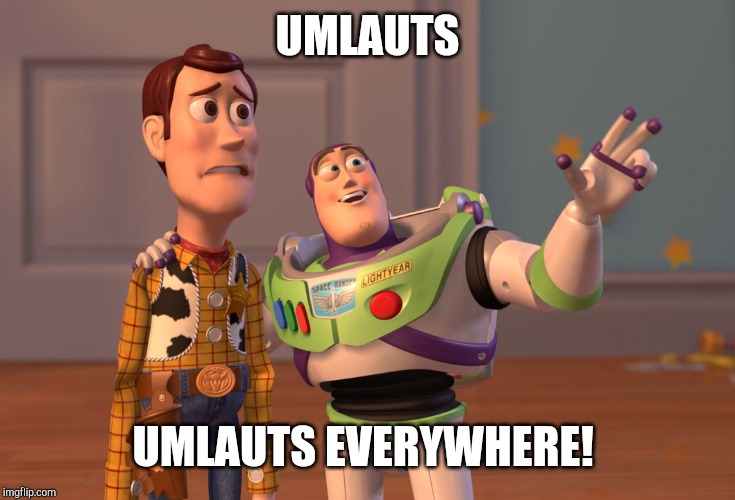 X, X Everywhere | UMLAUTS; UMLAUTS EVERYWHERE! | image tagged in memes,x x everywhere | made w/ Imgflip meme maker