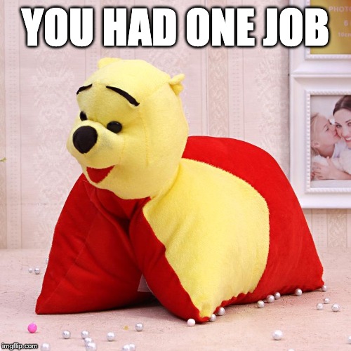 Pooh failure | YOU HAD ONE JOB | image tagged in winnie the pooh,pooh,pillow pet,you had one job,fail,memes | made w/ Imgflip meme maker