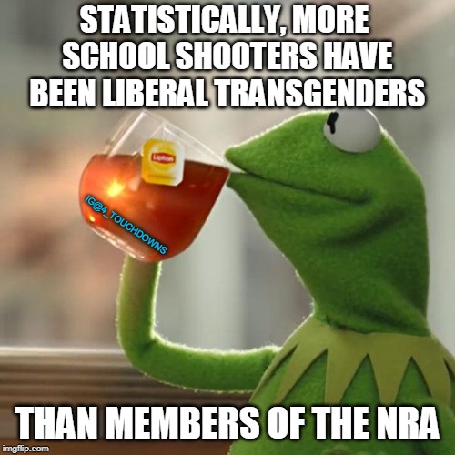 but that's none of my business... | STATISTICALLY, MORE SCHOOL SHOOTERS HAVE BEEN LIBERAL TRANSGENDERS; IG@4_TOUCHDOWNS; THAN MEMBERS OF THE NRA | image tagged in but thats none of my business,transgender,school shooting,nra | made w/ Imgflip meme maker