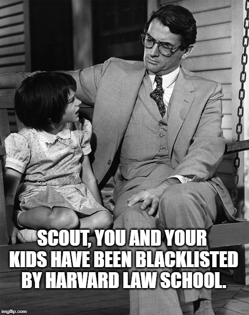 Atticus and Scout | SCOUT, YOU AND YOUR KIDS HAVE BEEN BLACKLISTED BY HARVARD LAW SCHOOL. | image tagged in atticus and scout,memes | made w/ Imgflip meme maker