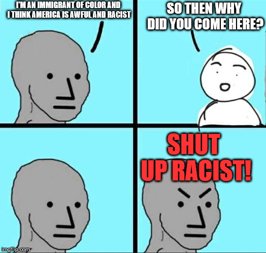 NPC Meme | SO THEN WHY DID YOU COME HERE? I'M AN IMMIGRANT OF COLOR AND I THINK AMERICA IS AWFUL AND RACIST; SHUT UP RACIST! | image tagged in npc meme | made w/ Imgflip meme maker