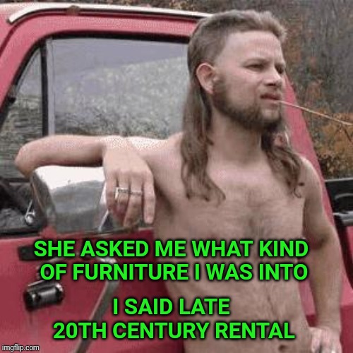 almost redneck | SHE ASKED ME WHAT KIND OF FURNITURE I WAS INTO; I SAID LATE 20TH CENTURY RENTAL | image tagged in almost redneck,furniture,rent,redneck hillbilly,redneck wonder | made w/ Imgflip meme maker