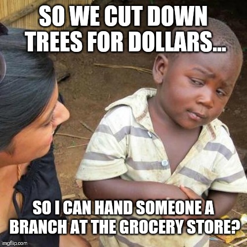 Third World Skeptical Kid Meme | SO WE CUT DOWN TREES FOR DOLLARS... SO I CAN HAND SOMEONE A BRANCH AT THE GROCERY STORE? | image tagged in memes,third world skeptical kid | made w/ Imgflip meme maker