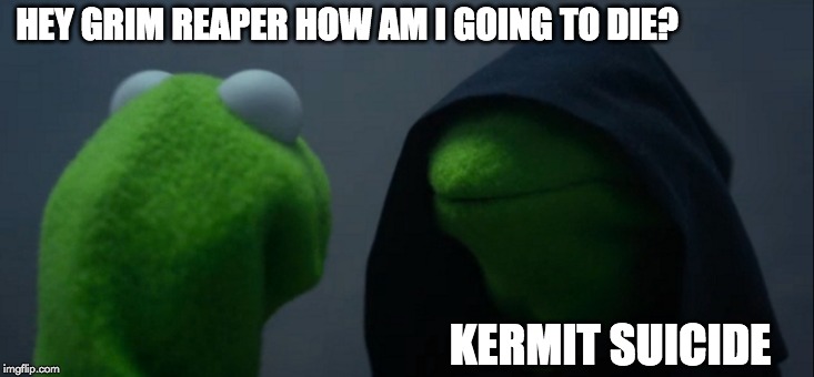 Evil Kermit | HEY GRIM REAPER HOW AM I GOING TO DIE? KERMIT SUICIDE | image tagged in memes,evil kermit | made w/ Imgflip meme maker