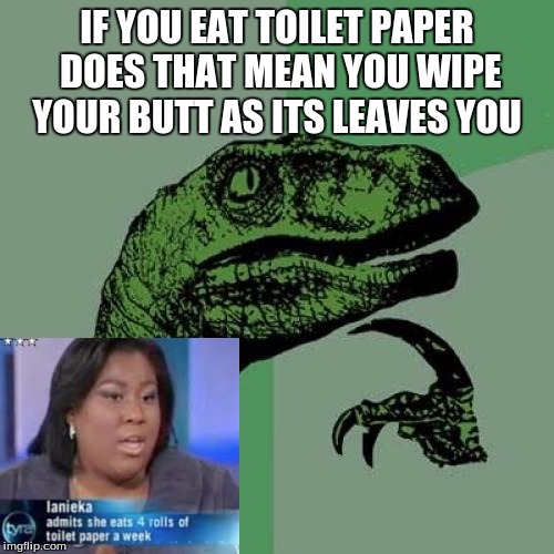 Philosoraptor Meme | IF YOU EAT TOILET PAPER DOES THAT MEAN YOU WIPE YOUR BUTT AS ITS LEAVES YOU | image tagged in memes,philosoraptor | made w/ Imgflip meme maker