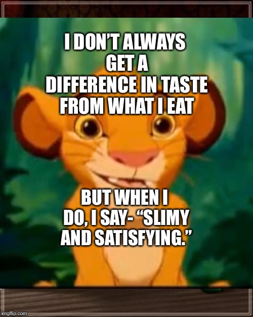 Simba and one of the most famous quotes in The Lion King | I DON’T ALWAYS GET A DIFFERENCE IN TASTE FROM WHAT I EAT; BUT WHEN I DO, I SAY- “SLIMY AND SATISFYING.” | image tagged in simba,the lion king,the most interesting man in the world,disney | made w/ Imgflip meme maker