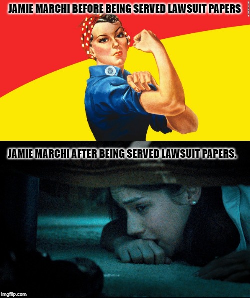 Jamie Marchi Before and After | JAMIE MARCHI BEFORE BEING SERVED LAWSUIT PAPERS; JAMIE MARCHI AFTER BEING SERVED LAWSUIT PAPERS. | image tagged in jamie marchi,rosie the riveter,animegate,weebwars | made w/ Imgflip meme maker