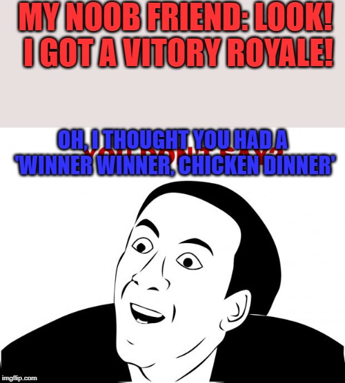 You Don't Say | MY NOOB FRIEND: LOOK! I GOT A VITORY ROYALE! OH, I THOUGHT YOU HAD A 'WINNER WINNER, CHICKEN DINNER' | image tagged in memes,you don't say | made w/ Imgflip meme maker