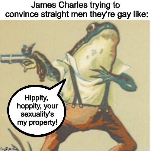 Bye, Sister Charles | James Charles trying to convince straight men they're gay like:; Hippity, hoppity, your sexuality's my property! | image tagged in hippity hoppity you're now my property,frog,scandal,memes | made w/ Imgflip meme maker