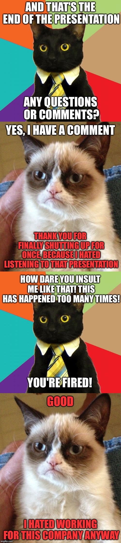 Grumpy Cat's Done with this Company | AND THAT'S THE END OF THE PRESENTATION; ANY QUESTIONS OR COMMENTS? YES, I HAVE A COMMENT; THANK YOU FOR FINALLY SHUTTING UP FOR ONCE, BECAUSE I HATED LISTENING TO THAT PRESENTATION; HOW DARE YOU INSULT ME LIKE THAT! THIS HAS HAPPENED TOO MANY TIMES! YOU'RE FIRED! GOOD; I HATED WORKING FOR THIS COMPANY ANYWAY | image tagged in memes,business cat,grumpy cat,you're fired,long memes | made w/ Imgflip meme maker