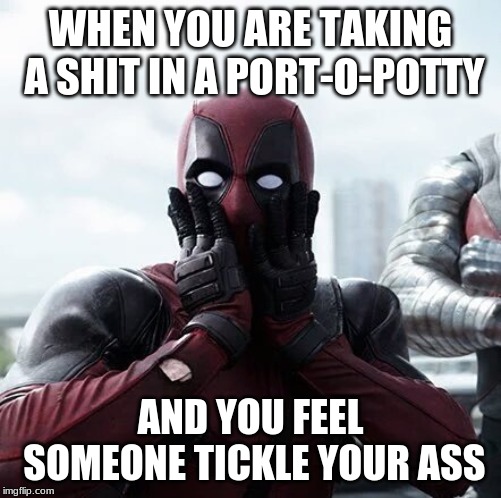 Deadpool Surprised Meme | WHEN YOU ARE TAKING A SHIT IN A PORT-O-POTTY; AND YOU FEEL SOMEONE TICKLE YOUR ASS | image tagged in memes,deadpool surprised | made w/ Imgflip meme maker