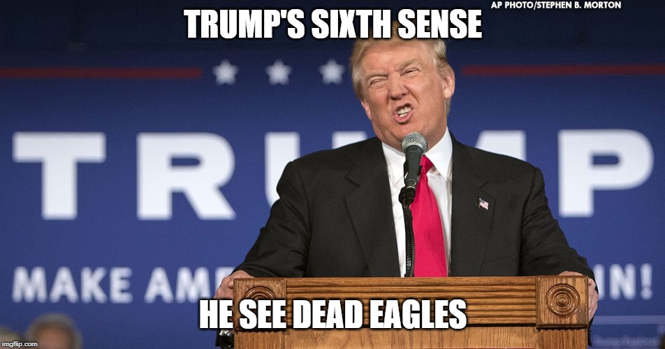 Trump's Sick Sense | TRUMP'S SIXTH SENSE; HE SEE DEAD EAGLES | image tagged in crazy trump,dead eagles,president trump,wind mills | made w/ Imgflip meme maker
