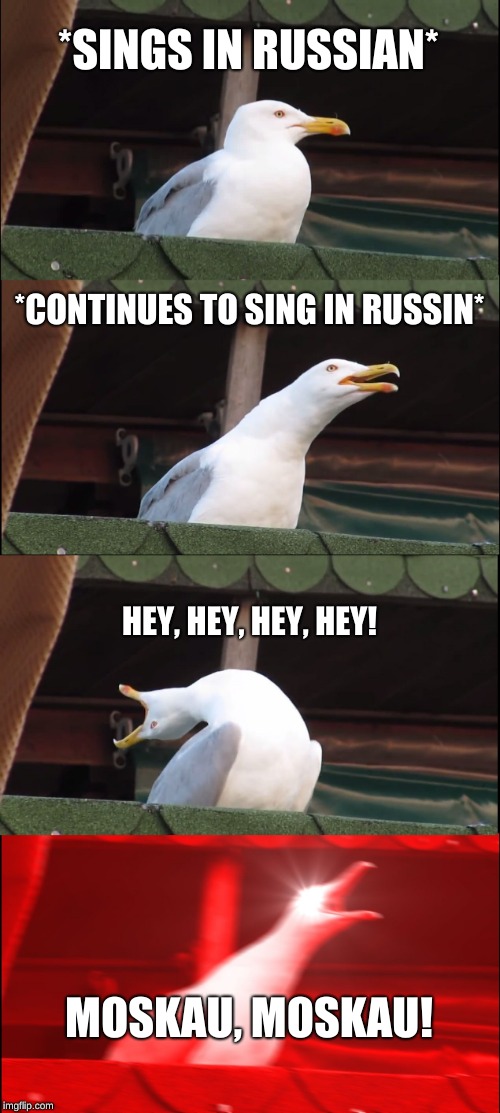 Inhaling Seagull Meme | *SINGS IN RUSSIAN*; *CONTINUES TO SING IN RUSSIN*; HEY, HEY, HEY, HEY! MOSKAU, MOSKAU! | image tagged in memes,inhaling seagull | made w/ Imgflip meme maker