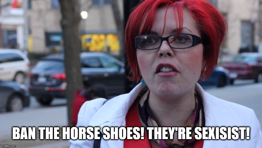 Feminazi | BAN THE HORSE SHOES! THEY'RE SEXISIST! | image tagged in feminazi | made w/ Imgflip meme maker