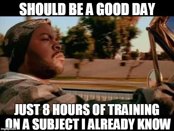 At this time I will be "certified" | SHOULD BE A GOOD DAY; JUST 8 HOURS OF TRAINING ON A SUBJECT I ALREADY KNOW | image tagged in it was a good day | made w/ Imgflip meme maker