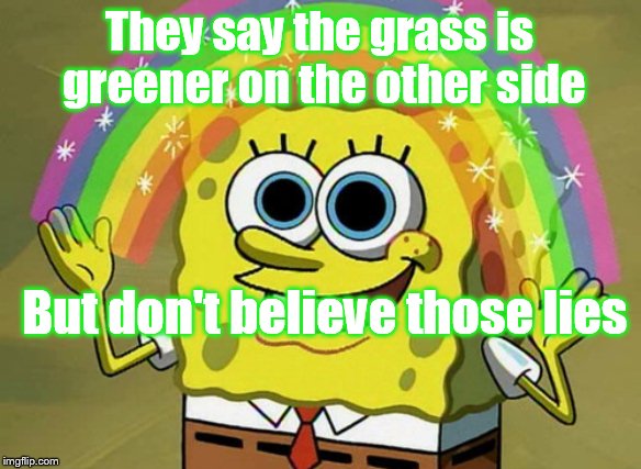 Not always greener | They say the grass is greener on the other side; But don't believe those lies | image tagged in memes,imagination spongebob | made w/ Imgflip meme maker