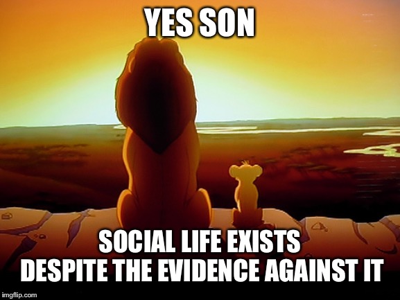 Lion King Meme | YES SON SOCIAL LIFE EXISTS DESPITE THE EVIDENCE AGAINST IT | image tagged in memes,lion king | made w/ Imgflip meme maker