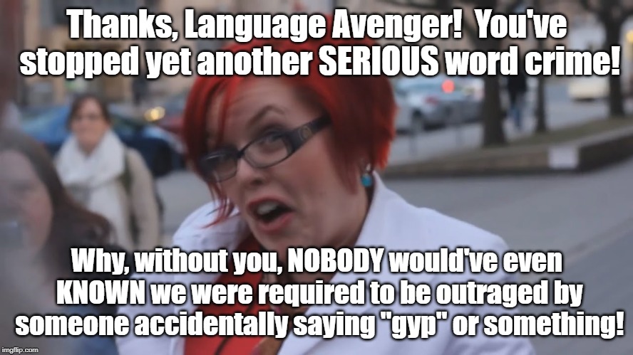 Angry Redhead Feminist | Thanks, Language Avenger!  You've stopped yet another SERIOUS word crime! Why, without you, NOBODY would've even KNOWN we were required to be outraged by someone accidentally saying "gyp" or something! | image tagged in angry redhead feminist | made w/ Imgflip meme maker
